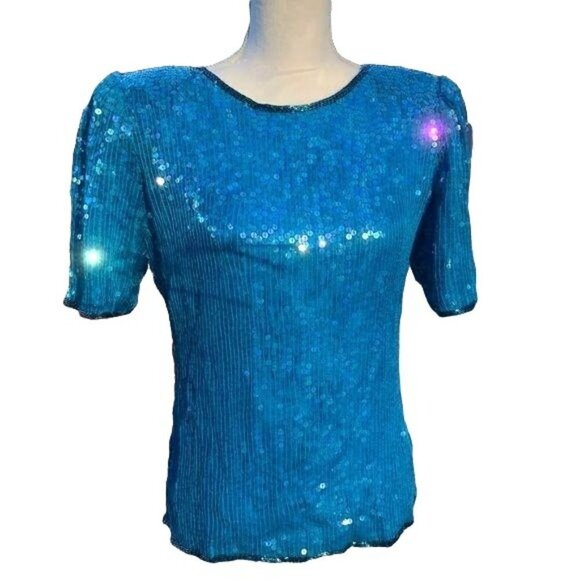 Saks Fifth Avenue Silk Top Small S Womens Vintage Blue Sequin Short Sleeve - Picture 1 of 12